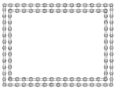 Black & white geometric design, constructed from a bicycle chain. A rectangular frame with two chain layers surrounds a white void