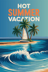 Hot summer island paradise, retro travel illustration design showcasing clear blue sea, lush tropical greenery, and exotic coastal vacation vibes.