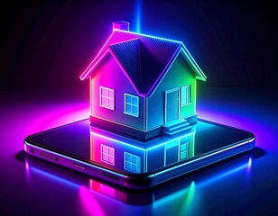 Neon-lit House on Smartphone A Futuristic Digital Real Estate Concept