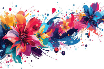 Fototapeta premium Abstract floral background with colorful paint splashes and vector butterfly art creates a bright summer nature illustration for a stylish wallpaper pattern