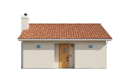 Charming stucco house with terracotta tile roof isolated PNG, single story home with chimney and wooden door on transparent background