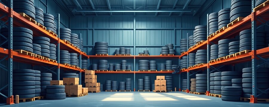 Automotive tires stacked high on industrial warehouse shelves. Large racks hold many rubber wheels in storage bay. Boxes and pallets wait for transport and distribution.