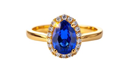 A close-up shot of an elegant gold ring featuring a pear-shaped sapphire encircled by small diamonds on a black backdrop