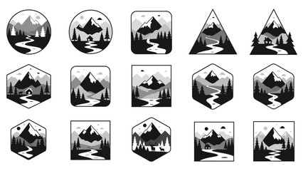 Collection of Mountain Landscape Icons in Various Shapes.
