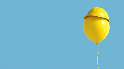 Yellow balloon wearing construction helmet floating against a clear blue sky, symbolizing fun, safety, and creativity in outdoor events or celebrations