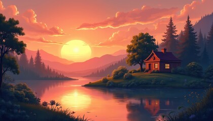 Peaceful cabin by lake at sunset. Warm light illuminates hills and trees. Calm water reflects orange sky. Serene landscape offers quiet retreat.