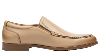 Elegant tan leather loafer isolated PNG, classic slip-on shoe for men s fashion and formal wear on transparent background