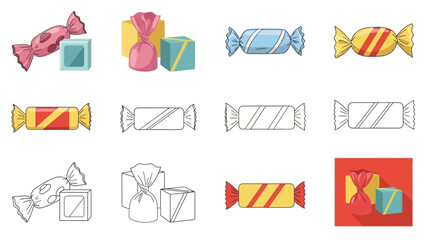 Colorful Candy Wrappers and Illustrations Set.