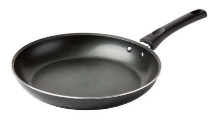 A non-stick Teflon frying pan with a black handle, isolated on a transparent background for easy use.