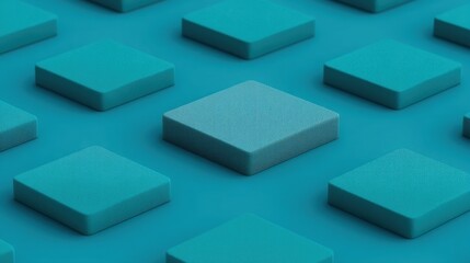 Fototapeta premium Close-up of a modern turquoise patterned surface featuring various geometric square shapes arranged in a neat grid on a vibrant background