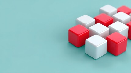 Colorful geometric arrangement of red and white cubes on a smooth blue surface, showcasing creativity and playful design concepts for modern aesthetics