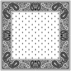 Bandana paisley square ethnic floral hand drawn pattern.Ornament classic vintage vector elements black on white background.Design for scarf,headscarf,kerchief,hijab,tablecloth,print fabric,decoration.