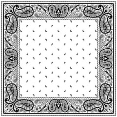 Bandana paisley square ethnic floral hand drawn pattern.Ornament classic vintage vector elements black on white background.Design for scarf,headscarf,kerchief,hijab,tablecloth,print fabric,decoration.