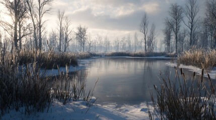 Fototapeta premium A winter scene with a frozen pond and cattails,