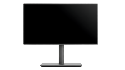 Modern flat screen computer monitor on a minimalist stand, isolated on transparent background, for digital display and technology.