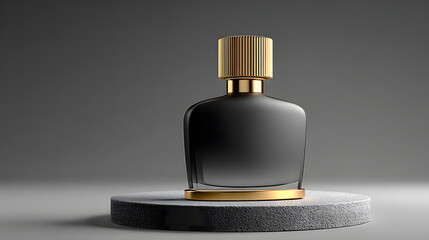Sleek black perfume bottle with ribbed gold cap and base, on textured concrete podium, sophisticated product shot