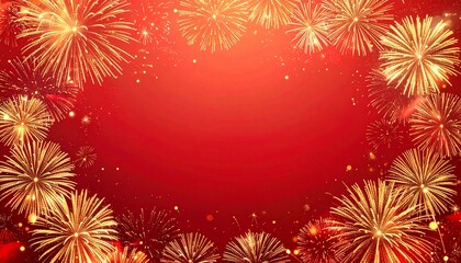 Golden Fireworks Frame on Red Background for Chinese New Year Celebration