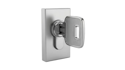 Metal key in lock isolated PNG on transparent background, security and access control concept for design projects and presentations