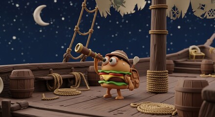 Whimsical 3D pirate onion character with hamburger design on a ship at night under stars and moon