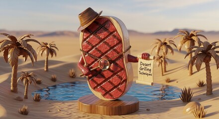 Whimsical animated steak with hat promoting outdoor grilling methods in a sunny desert oasis with palm trees and water