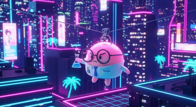 Cute cartoon pig scientist in cyberpunk metropolis with neon holograms and futuristic lab equipment exploring digital innovation - Powered by Adobe