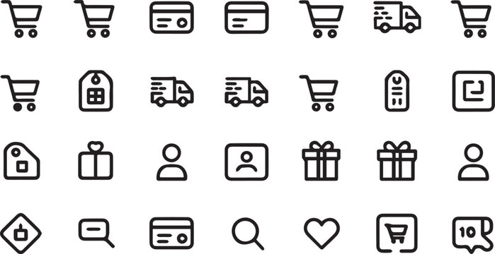 E-commerce Icons: Shopping Cart, Delivery Truck, Credit Card, Gift, User, Search