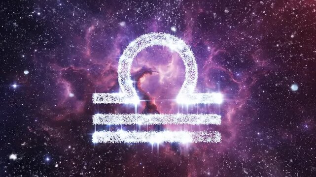 Sparkling diamond dust coalescing slowly to form the outline of the Libra constellation against a swirling violet and pink celestial backdrop constellation, violet, ether