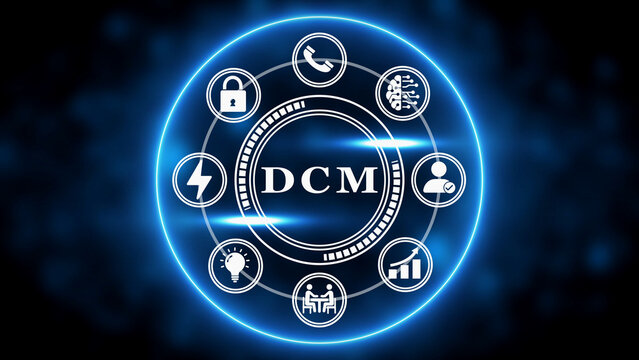 DCM digital campaign management concept with icons for marketing and business metrics on a blue digital background Keywords: DCM, digital campaign management, marketing, business, concept