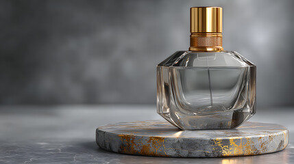 Luxury perfume bottle with gold cap resting on marble pedestal against gray background