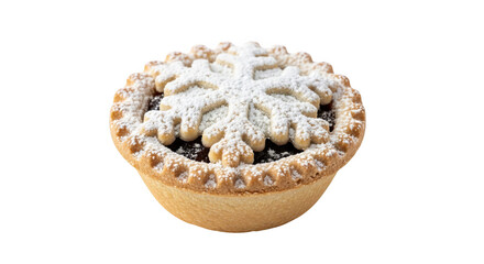 Christmas Mince Pie With Snowflake And Powdered Sugar On Black