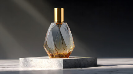 Faceted amber perfume bottle with shiny gold cap on white concrete block