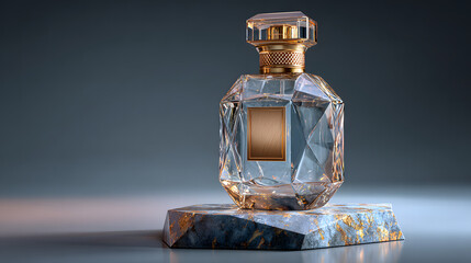 Elegant crystalline perfume bottle featuring gold accents sitting on luxury geometric marble pedestal with dramatic soft studio lighting