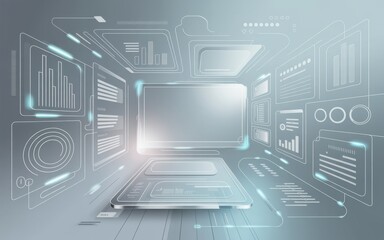 Futuristic digital interface with data analytics and interactive holographic display for technology concepts