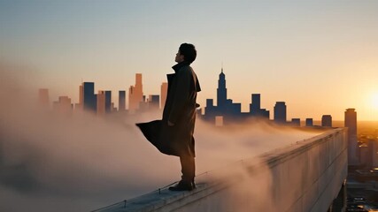 Man Standing on Building Rooftop Edge Overlooking City at Sunrise