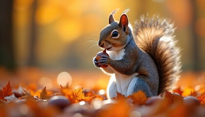 Small squirrel holds acorn in paws. It sits on ground covered with fallen orange leaves. Sunny autumn forest scene. Animal prepares for winter season in nature.
