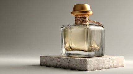 Sophisticated square glass perfume bottle with ornate gold cap resting on textured stone platform under soft neutral studio illumination