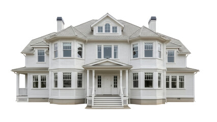 Elegant white house isolated PNG on transparent background, classic American architecture with gray roof and symmetrical design for real estate