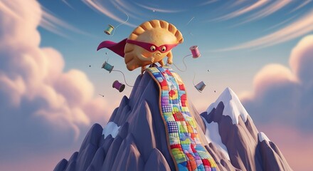 Fototapeta premium Whimsical croissant superhero with a vibrant scarf and coffee cup soaring over scenic mountain peaks in a fantasy sky