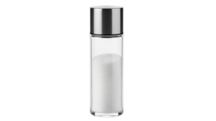 Glass salt shaker with metal lid isolated PNG, filled with white salt on transparent background, kitchenware for cooking and seasoning