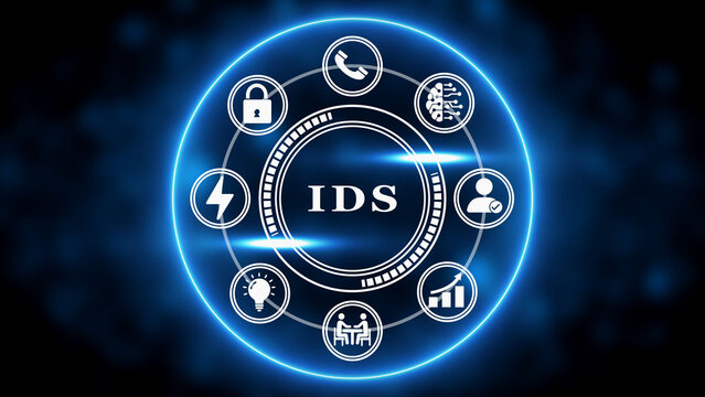 IDS intrusion detection system concept with icons for security and network monitoring on a blue digital background Keywords: IDS, intrusion detection system, security, technology, concept