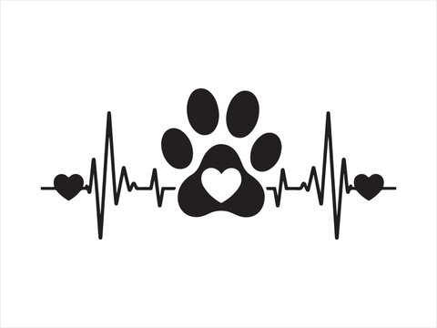 Pet lover heartbeat with paw print and hearts, Pet love heartbeat and paw print illustration vector. Cat and Dog paw love