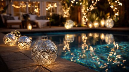Sparkling Christmas Ornaments Beside Pool in Cozy Outdoor Setting with Twinkling Fairy Lights and Reflections at Night