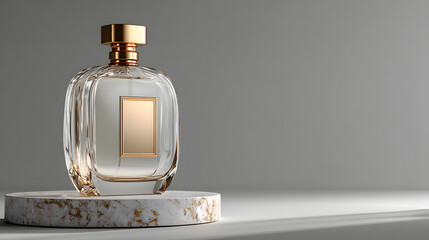 clear glass perfume bottle with gold accents and label on marble pedestal with soft light casting shadows