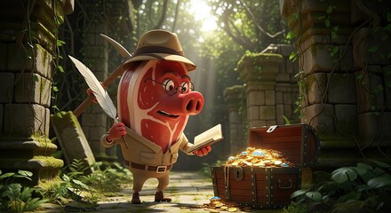 Cheerful cartoon pig explorer discovers treasure in lush jungle ruins with golden coins and gems during adventure