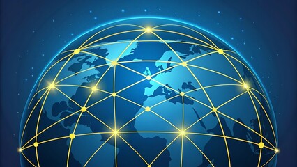 Abstract digital illustration of a glowing blue globe with a bright yellow network line connecting global points.