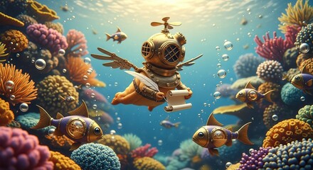 Futuristic steampunk mechanical fish with wings and helmet soaring through a lively coral reef ecosystem teeming with marine life
