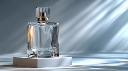 Sophisticated clear perfume bottle on a white square plinth, elegant fragrance presentation with dramatic shadows and clean backdrop