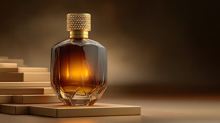 faceted glass perfume bottle with amber liquid on golden platform with blurred staircase background