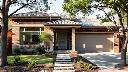 Obraz premium homeowner. Modern Australian suburban house with brick exterior and landscaped garden in daylight, real-estate listings.