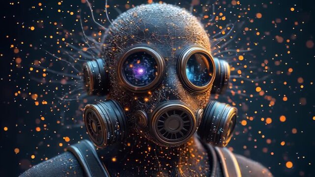 Neon Sentinel Cybernetic Mask in the Glow of Data. Video Generative AI.